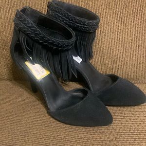 Brand new never worn suede fringed pumps ,zippered back